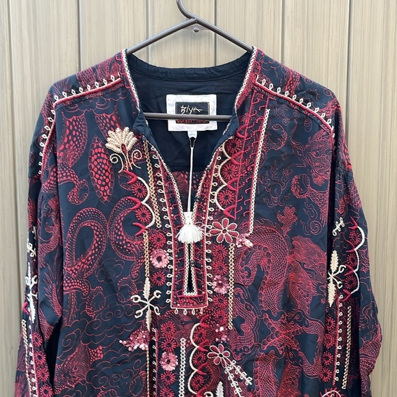 Johnny Was Belina Tunic Large Black Red Silk Embroidered Sequin Blouse Dragon - Picture 5 of 16